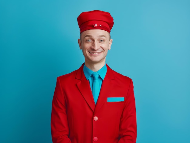 Photo medium shot of flight attendant man waist high shot photography themed background