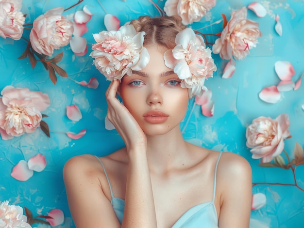 Photo medium shot of girl beautiful woman with a rose flowers pulled down over her head themed background