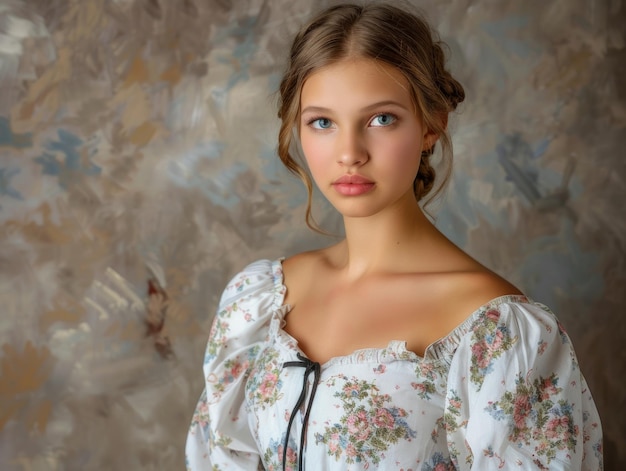 Photo medium shot of girl in russian folk costume themed background in the style of fashion photography