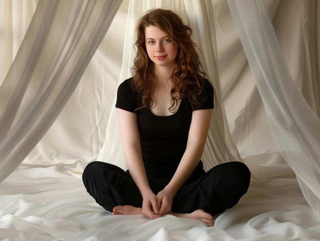 Photo medium shot of girl sitting in a meditation pose themed background this piece has been captured shot