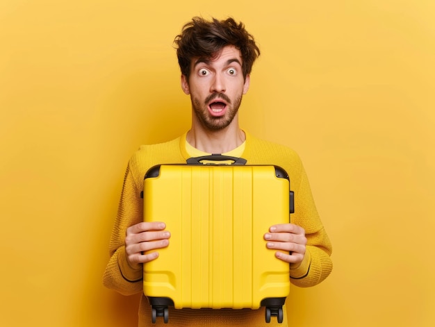 Medium shot of girl with a shocked face holds a suitcase with in his hands themed background