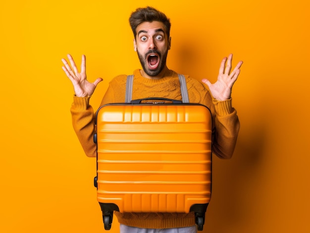 Medium shot of girl with a shocked face holds a suitcase with in his hands themed background