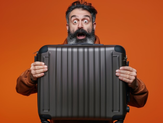 Medium shot of girl with a shocked face holds a suitcase with in his hands themed background