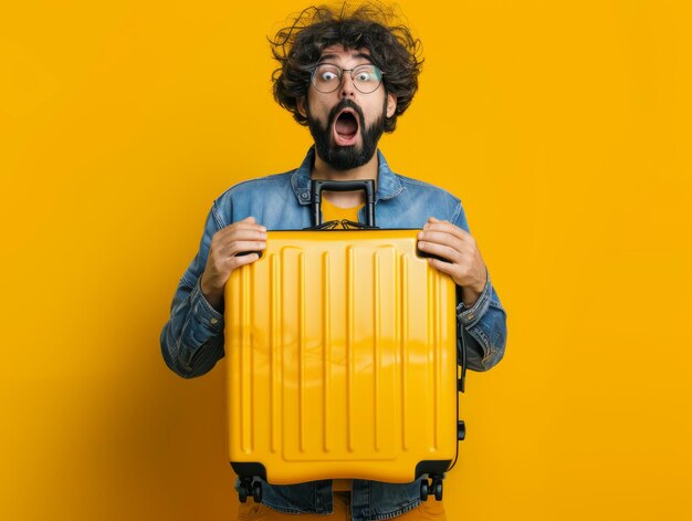 Medium shot of girl with a shocked face holds a suitcase with in his hands themed background