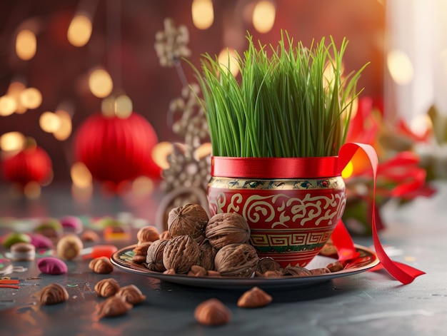 Medium shot of grass in red ribbon pot nuts and candy placed on plate for Nowruz celebration