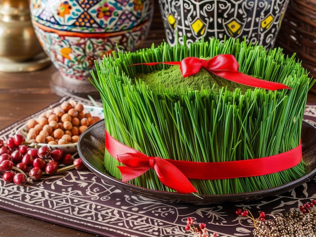 Photo medium shot of grass in red ribbon pot nuts and candy placed on plate for nowruz celebration