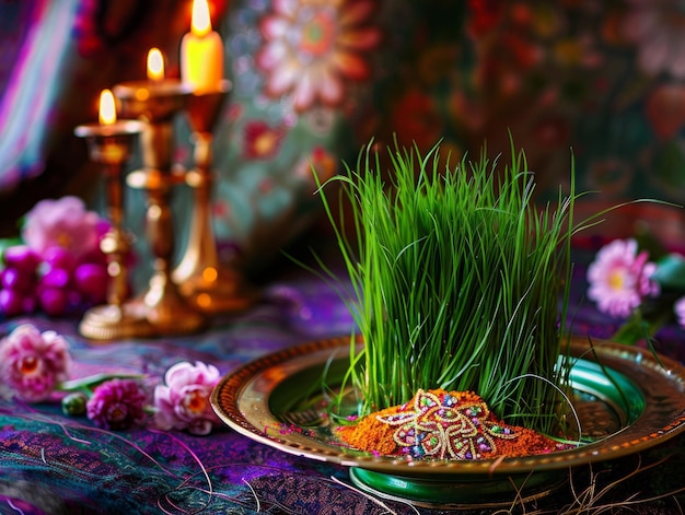 Photo medium shot of grass in red ribbon pot nuts and candy placed on plate for nowruz celebration