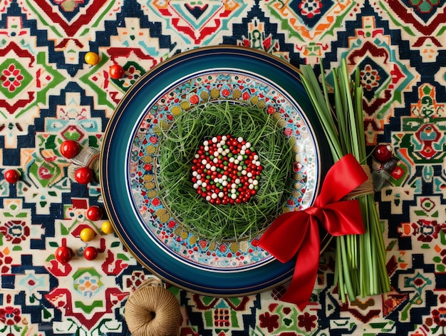 Photo medium shot of grass in red ribbon pot nuts and candy placed on plate for nowruz celebration