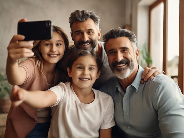 Medium shot happy family taking selfie