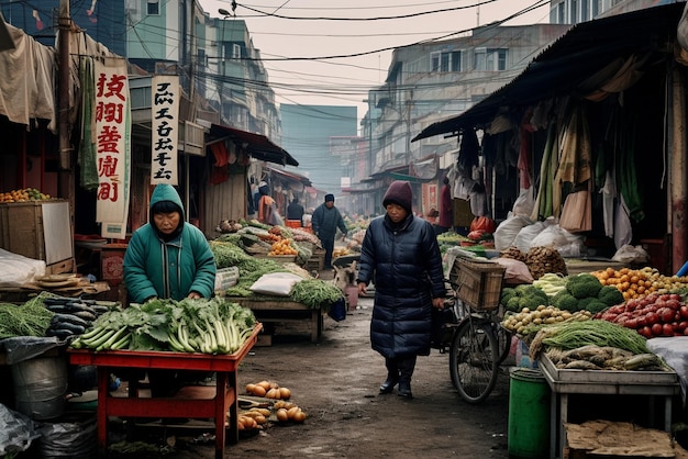 medium shot korean people selling vegetables