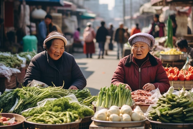 medium shot korean people selling vegetables