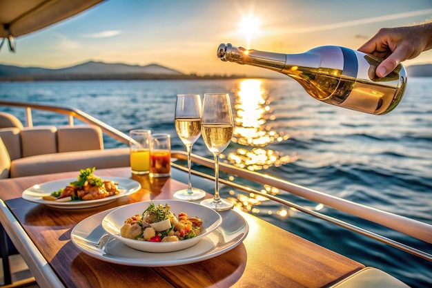 Photo a medium shot of a luxurious dinner being served on a luxury yacht in the middle of the sea with a bottle of champagne wine being poured into two glasses fine dining romance