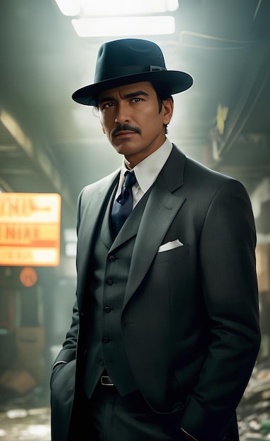 Medium shot of a male Hispanic detective in the slums inside a workshop