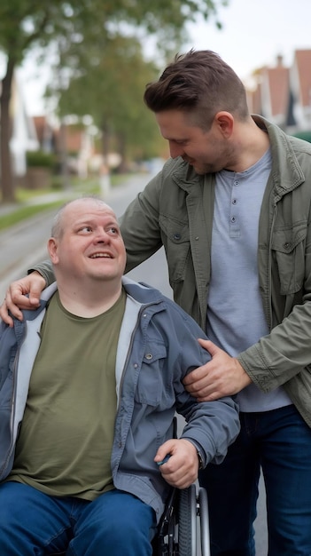 Photo medium shot man helping disabled friend