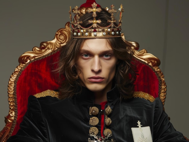 Medium shot of man in king clothing and crown themed background in the style of fashion photography