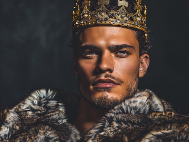 Photo medium shot of man in king clothing and crown themed background in the style of fashion photography