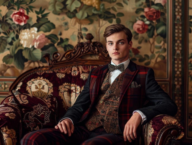 Medium shot of man in king clothing and crown themed background in the style of fashion photography