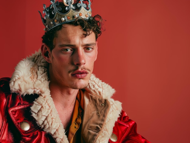 Photo medium shot of man in king clothing and crown themed background in the style of fashion photography