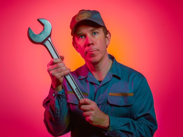 Photo medium shot of mechanic man holding mechanic wrench themed background