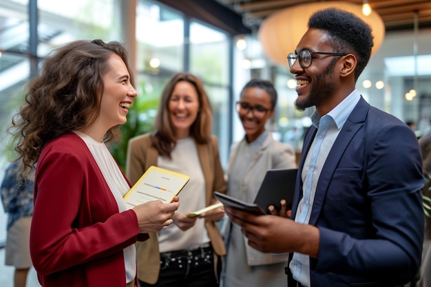 Medium shot of a mixed ethnic group of business professionals at a networking conferencemeeting roo