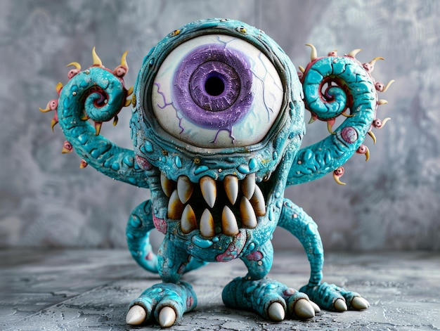 Medium shot of One eye cartoon creature with spiralshaped purple pupil and tentacles