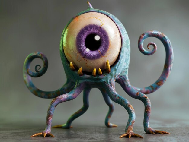 Medium shot of One eye cartoon creature with spiralshaped purple pupil and tentacles