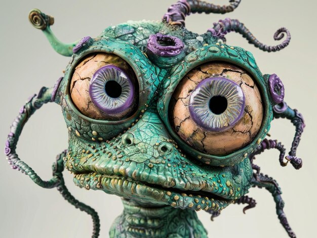 Medium shot of One eye cartoon creature with spiralshaped purple pupil and tentacles