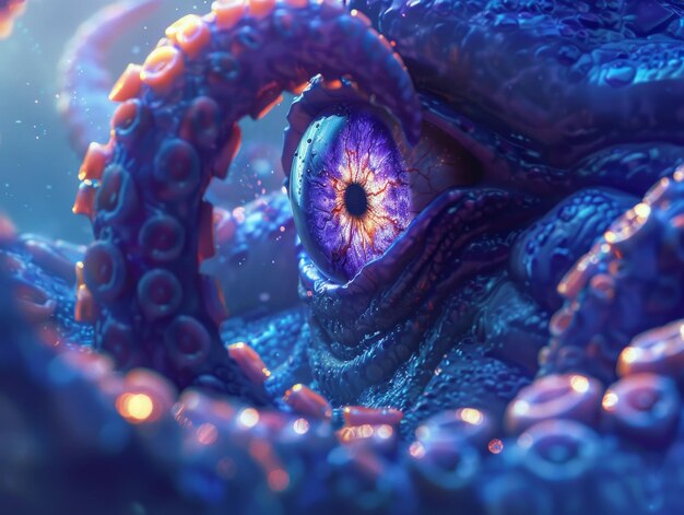 Medium shot of One eye cartoon creature with spiralshaped purple pupil and tentacles