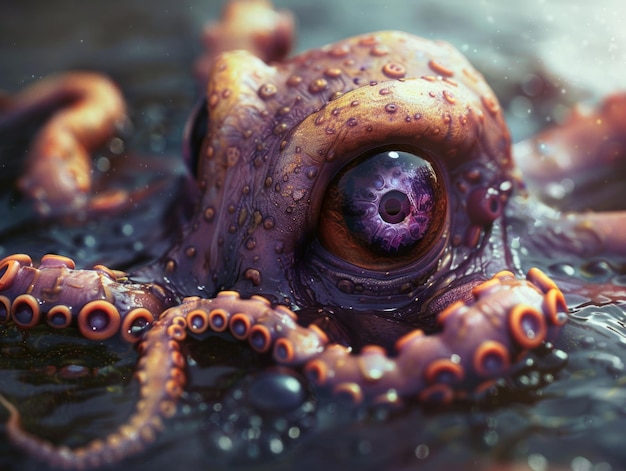 Medium shot of One eye cartoon creature with spiralshaped purple pupil and tentacles