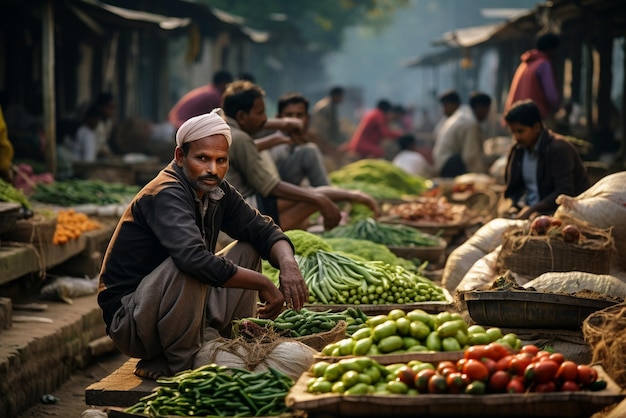 medium shot people selling vegetables