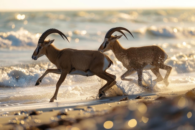 Medium shot of playful ibexes on beach highlighted interplay of light and shadows