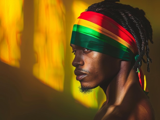 Medium shot of Rastafarian themed background in the style of fashion photography