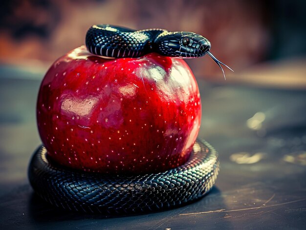 Photo medium shot of an red apple with a black snake wrapped around it themed background bright tonality