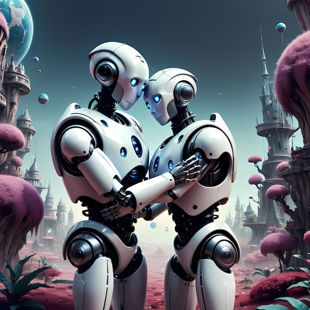 Medium shot robots hugging fantasy world