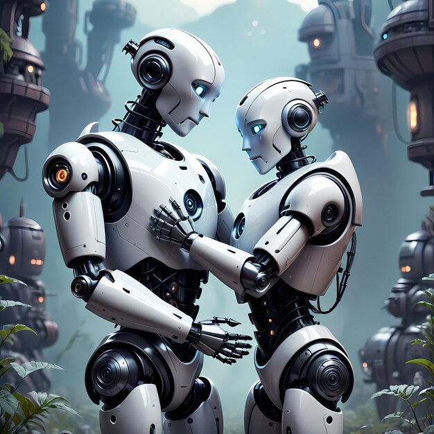 Medium shot robots hugging fantasy world