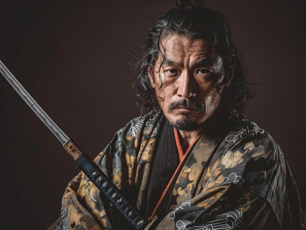 Medium shot of samurai man holding katana themed background bright tonality