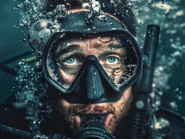 Photo medium shot of scuba man themed background in the style of fashion photography