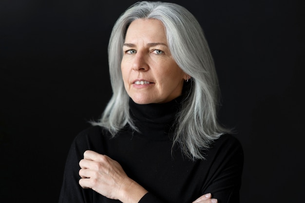 Medium shot senior woman with grey hair