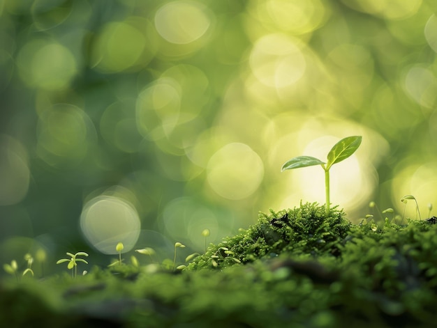 Medium shot of A single young plant sprouting from mossy soil symbolizing new life and growth