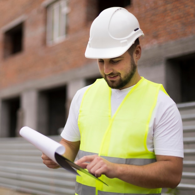 Medium shot smiley man looking at project