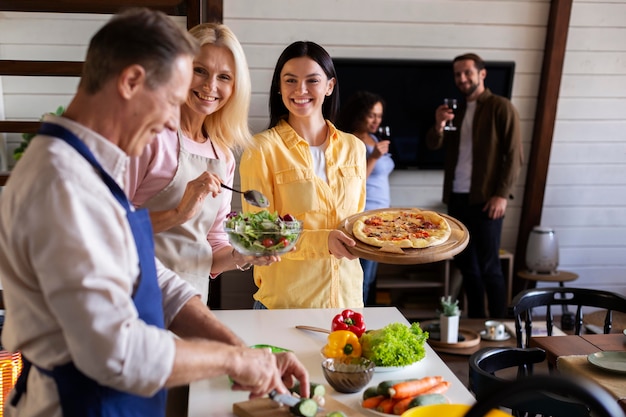 Medium shot smiley people with food