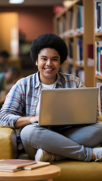 Medium shot smiley university student and laptop