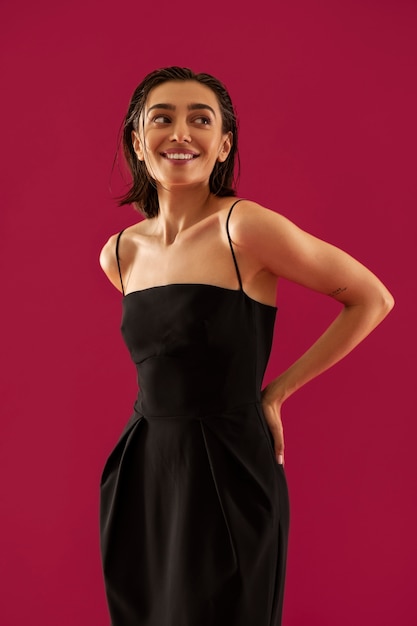 Medium shot smiley woman with black dress