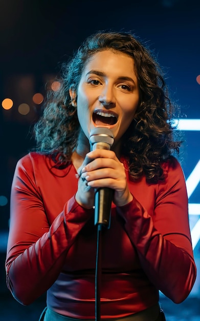 Medium shot talented woman singing