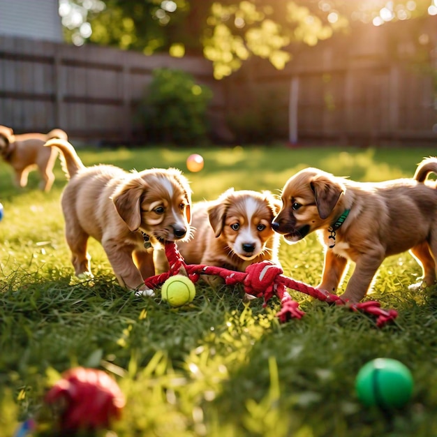 Photo a medium shot of three puppies playing together in a backyard