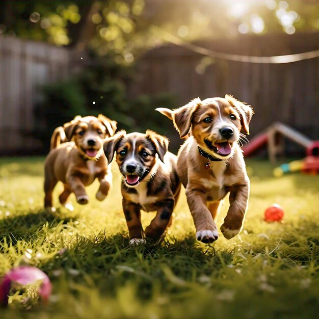 Photo a medium shot of three puppies playing together in a backyard