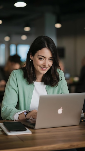 Medium shot woman communicating with laptop