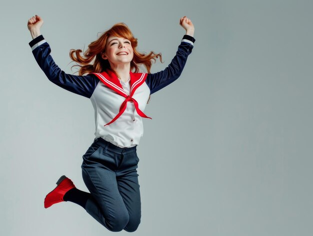 Photo medium shot of woman model in a sailor suit is showing in jumping up off waist high sot photograph