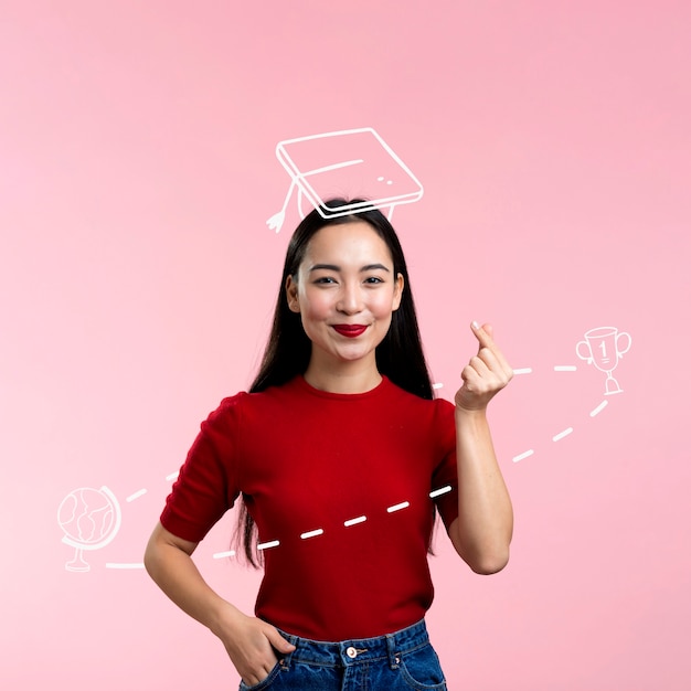 Medium shot woman posing with graduation background