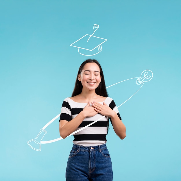 Medium shot woman posing with graduation background